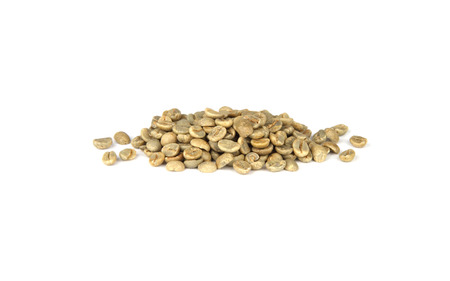 Heap of green coffee beans on white background.の写真素材