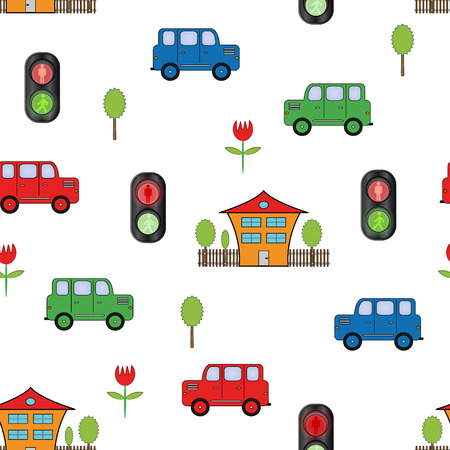 Abstract colored seamless pattern with cars, traffic lights and house on white background - vector illustration. You can use it to fill your own background.のイラスト素材