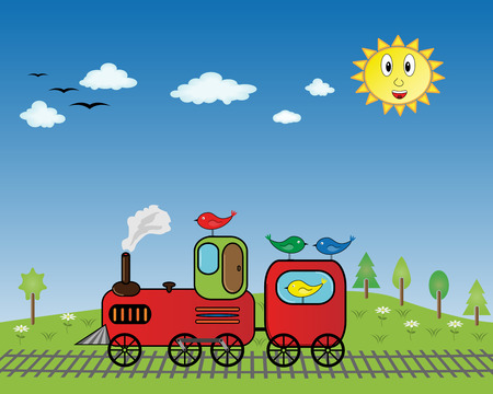 Train with birds, trees, sun, clouds and flowers - vector illustration.のイラスト素材