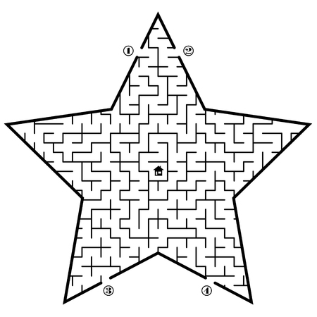 Find way to the home in center of the star. 4 entrances and only one correct path. Vector illustration on white background.のイラスト素材