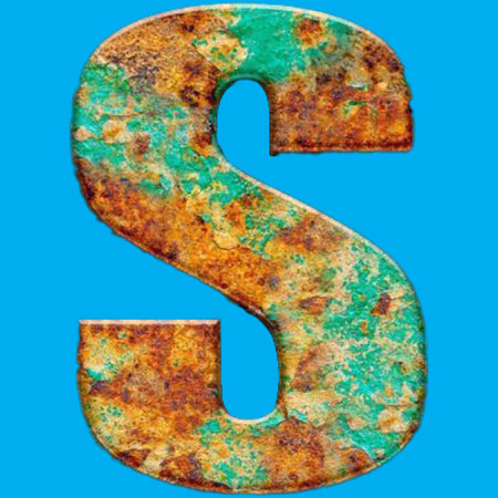 Old rusty metal letter S uppercase on blue background. 3d renderingの写真素材