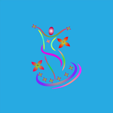 Joyful abstract dancer surrounded by vibrant flowers creating a playful and energetic graphic design elementのイラスト素材