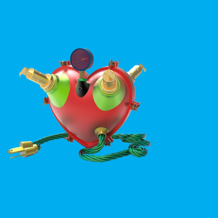 Futuristic mechanical heart powered by electricity with vibrant design on a blue backdrop for creative projectsの写真素材