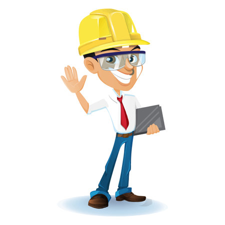 Engineer in hard hat and glasses waving hand. Vector illustration.の写真素材