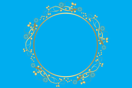 Elegant golden floral circle frame on bright blue background for invitations and celebrationsの写真素材