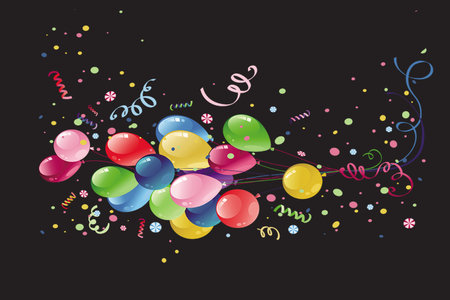 Vibrant balloons and confetti floating creating a festive celebration background cardの写真素材