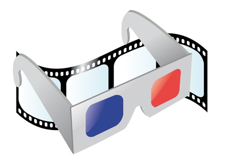 a vector cartoon representing a pair of 3D glasses and a movie film on the background