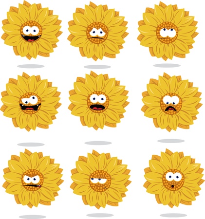 a cartoon representing a funny sunflower in different posesのイラスト素材