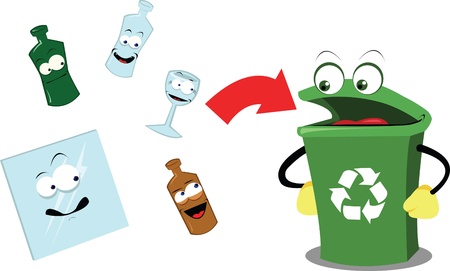 A vector cartoon representing a funny recycling bin and some glass objectsのイラスト素材