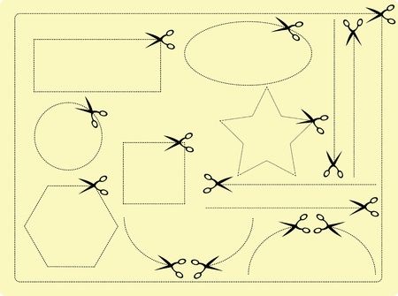 a vector cartoon representing a pair of scissors cutting different shapesのイラスト素材