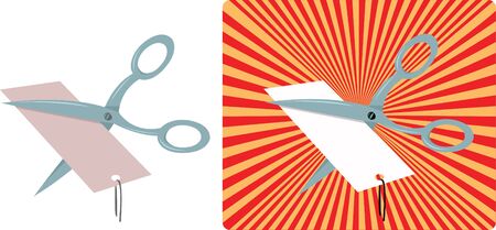 a vector cartoon representing some scissors cutting a price tag, isolated on white and with a funny background. Every object is singly groupedのイラスト素材