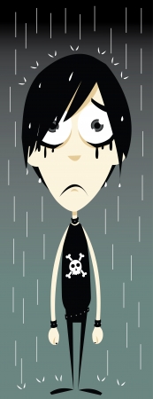 a vector cartoon representing a funny emo boy, sadly standing in the rain - every object is singly grouped, you can easily remove water drops or skull if neededのイラスト素材