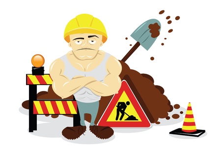 a vector cartoon representing some works in progress and a workerのイラスト素材