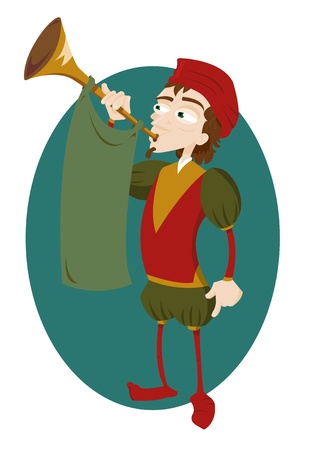 a vector cartoon representing a funny herald playing a trumpet のイラスト素材
