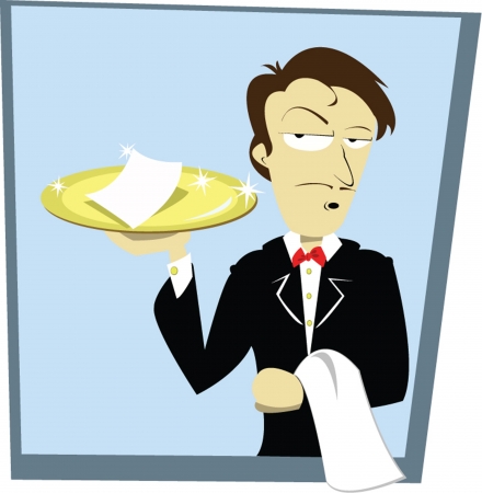 a vector cartoon representing a funny sommelier serving a bill のイラスト素材