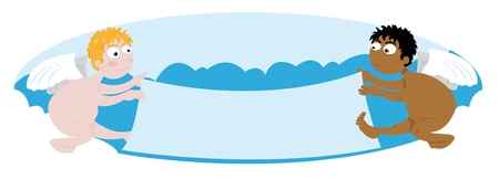 two funny angels holding an empty bannerのイラスト素材