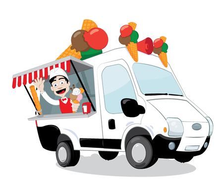 A vector cartoon representing a funny ice-cream van parked and open, a friendly and smiling ice-cream man is serving a big flavored coneのイラスト素材