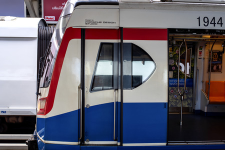 Bangkok, Thailand - 13 Aug 2019 : the bts skytrain to travel in Bangkok city