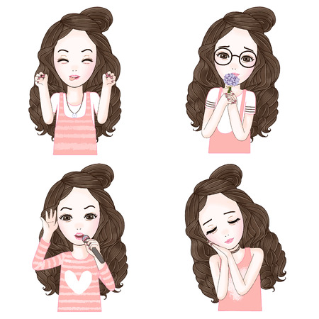 Character fet of cute girl in different pose portraitのイラスト素材