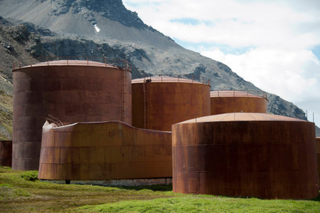 Equipment left at whalers  station in Grytviken Bay, British island of South Georgia, Antarcticaの写真素材