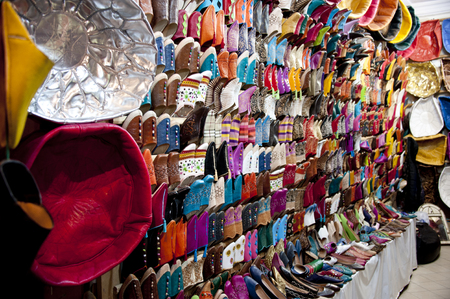 Shoes being sold at market, Marrakechの写真素材
