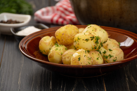 Baked baby potatoes with fresh dill, salt and black pepperの写真素材