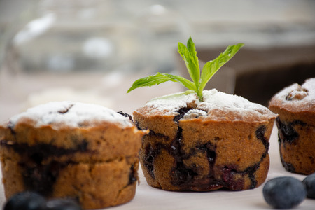 Vegan blueberry muffins with powdered sugar, mint leaves and fresh bluberriesの写真素材