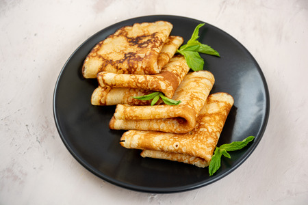 Stack of crepes, thin pancakes, russian blinyの写真素材