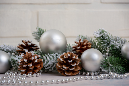 Decoration for Christmas, baubles, spruce tree branches, snowの写真素材