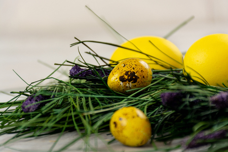 Colorful easter eggs on fake grass for holidaysの写真素材