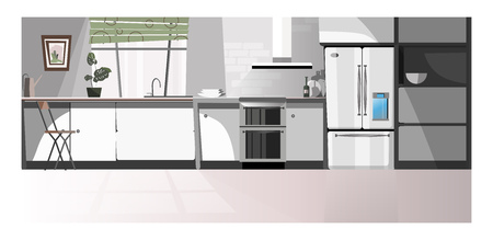 Modern kitchen room with appliances vector illustration. Gray domestic kitchen area with counter, fridge, oven and window. Interior illustrationのイラスト素材