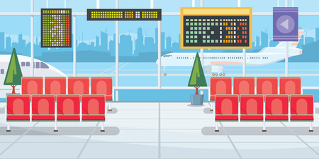 Airport with flight departure boards vector illustration. Modern airport waiting room with rows of chairs and panoramic windows. Interior illustrationのイラスト素材