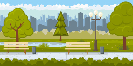 Public park with asphalt path vector illustration. City park with green trees and benches in row. Summer illustrationのイラスト素材