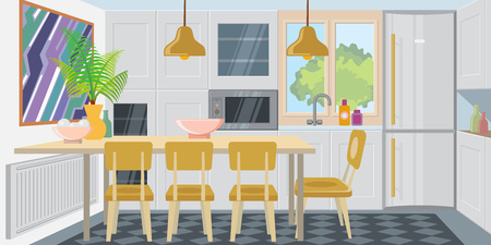 Modern cozy kitchen combined with dining room. Comfortable kitchen room equipped with appliances. Apartment concept. Vector illustration can be used for topics like home, flat, dwellingのイラスト素材