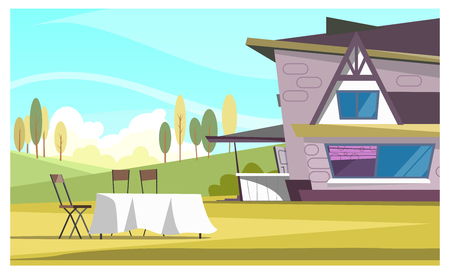 Beautiful house and round table with cloth outdoors. Modern stone cottage in countryside. Tranquility concept. Illustration can be used for topics like rural scene, village, weekend leisureのイラスト素材
