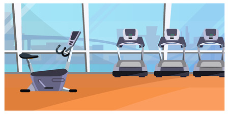 Cardio area vector illustration. Gym, treadmill, exercise bike, panoramic window. Sport concept. Can be used for topics like fitness, workout equipment, active lifestyleのイラスト素材