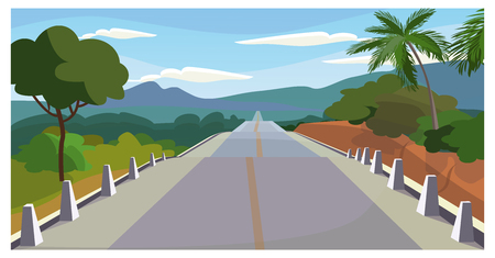 Country road with trees around vector illustration. Fenced modern asphalt way with dividing line. Journey illustrationのイラスト素材