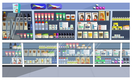Display with hair products vector illustration. Aisle, store, shelf, shampoo. Retail concept. Can be used for topics like pharmacy, supermarket, beauty careのイラスト素材