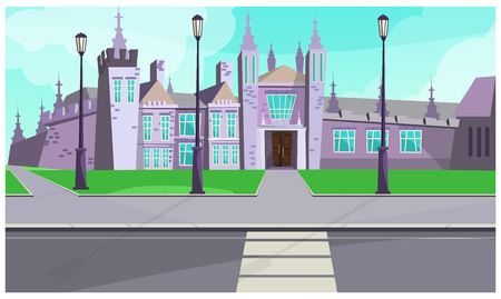 Gothic mansion on city street vector illustration. Old gray stone building with tall towers near road. Castle illustrationのイラスト素材