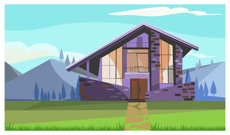 Modern stone cottage with panoramic windows in countryside. Beautiful mountain landscape with house. Holiday house concept. Illustration can be used for topics like vacation, property, architectureのイラスト素材