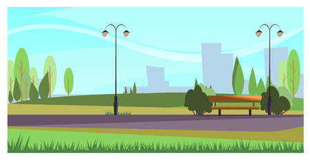Summer city park with street lights. Beautiful recreation park with green plants. Stroll concept. Illustration can be used for topics like leisure, nature, environmentのイラスト素材