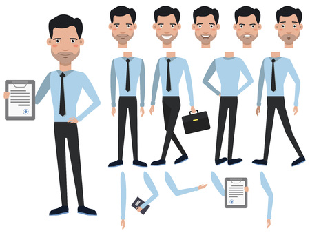 Man with contract character set with different poses, emotions, gestures. Animation constructor, front, back and side view. Can be used for topics like contractor, closer, agreement, managerのイラスト素材