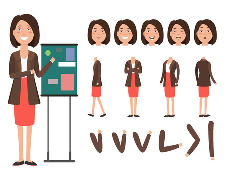 Business speaker character set with different poses, emotions, gestures. Animation constructor, front, back and side view. Can be used for topics like teacher, businesswoman, business coachのイラスト素材