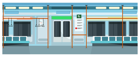 Modern comfortable subway train vector illustration. Blue exterior of underground train with bars and seats. Metro conceptのイラスト素材