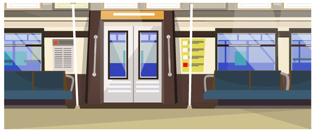 Interior of underground train vector illustration. Modern subway train with seats and door. City transport conceptのイラスト素材