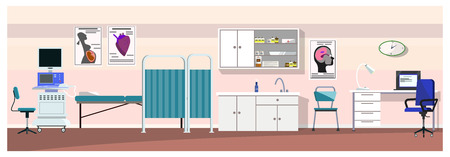 Hospital room with ultrasound scanner vector illustration. Pink wall in clinic with medical equipment. Medical examination conceptのイラスト素材