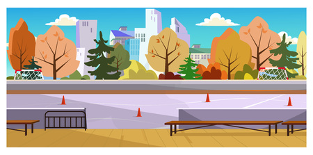 Roller-skating space with traffic cones vector illustration. City court with autumn trees around. Recreation conceptのイラスト素材