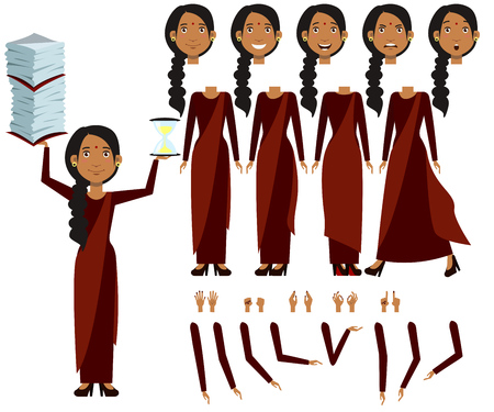 Flat icons set of Indian woman views, poses and emotions. Woman holding a stack of documents and hourglass.の写真素材