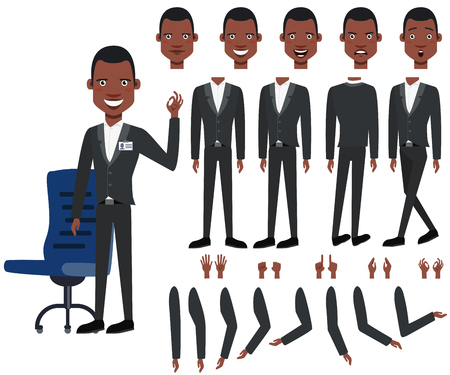 Flat icons set of black boss views, poses and emotions. Facial expressions collection. Business man concept. Vector illustration can be used for topics like business, management, marketing.の写真素材