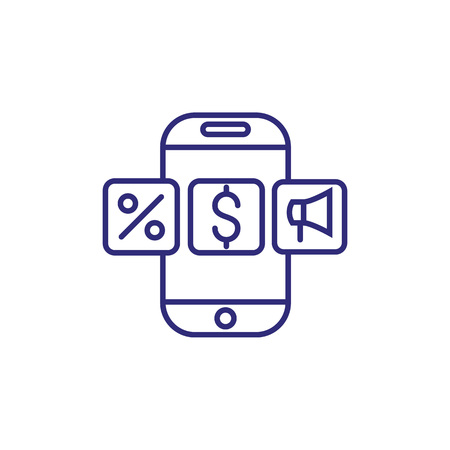 Mobile marketing line icon. Smartphone, percent, dollar symbol. Mobile service concept. Can be used for topics like business, analytics, app designのイラスト素材